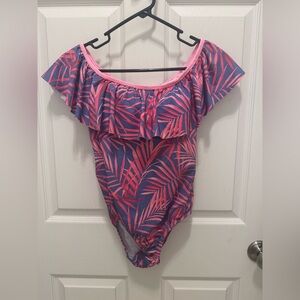 Tropical Pink and Purple Off-Shoulder One Piece Swimsuit Size Small